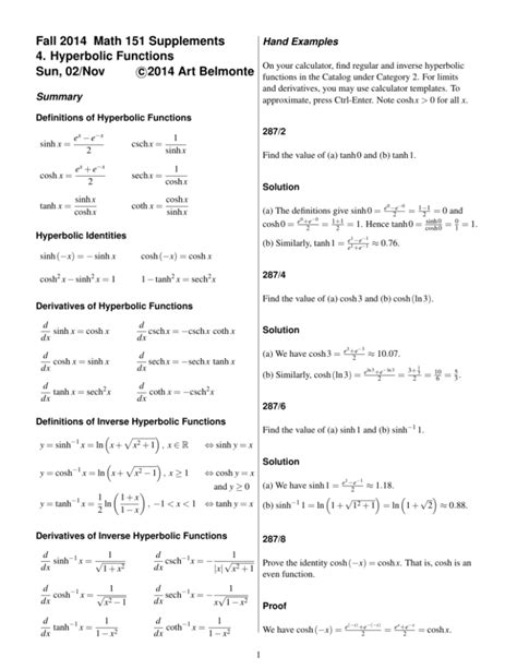 Hyperbolic Trig Identities Cheat Sheet