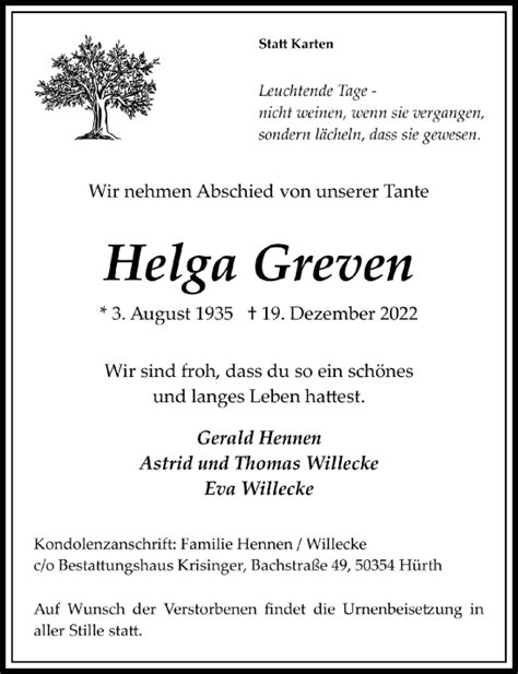 Traueranzeigen Von Helga Greven WirTrauern