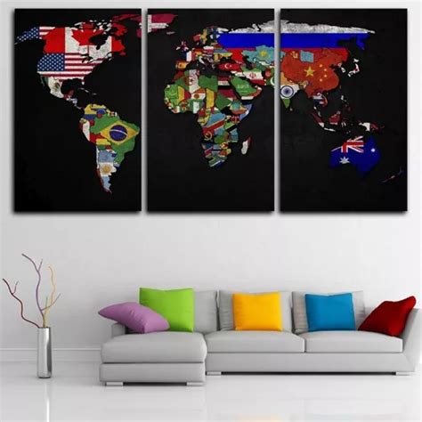 Cuadros Trípticos Mapa Del Mundo Con Banderas en venta en Funes Santa