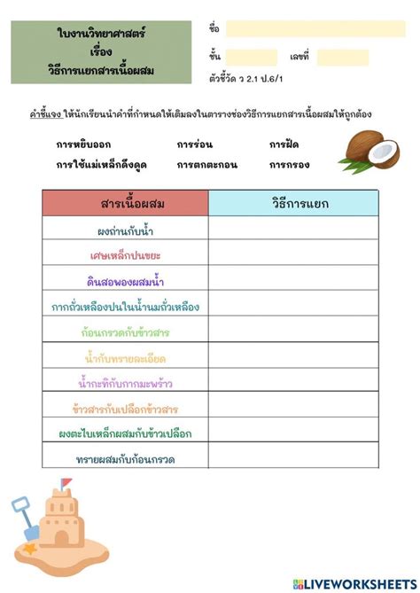 วิธีการแยกสารเนื้อผสม Worksheet School Subjects Teachers Workbook