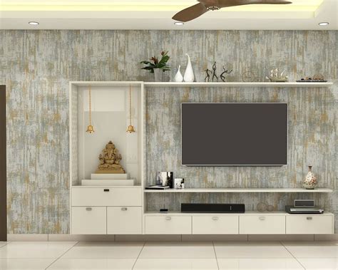 Spacious TV Unit Design With Textured Wallpaper | Livspace