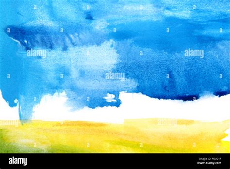 Abstract Watercolor Textured Background Summer Themed Landscape With