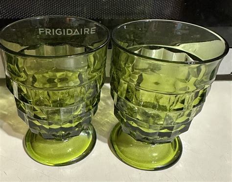 Set Of 2 Indiana Glass Whitehall Avocado Green Cubist Juice Glasses