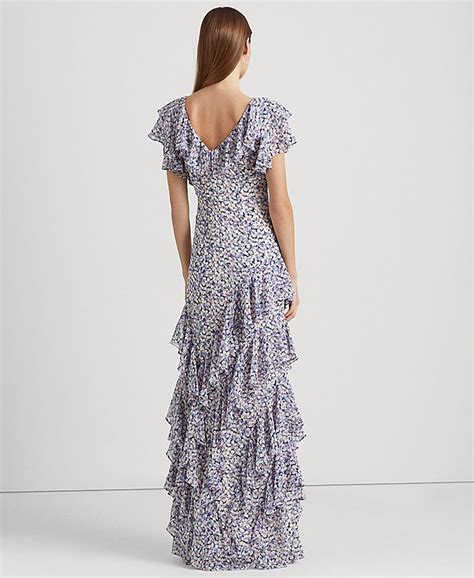 Lauren Ralph Lauren Womens Floral Ruffle Trim Georgette Gown Macys