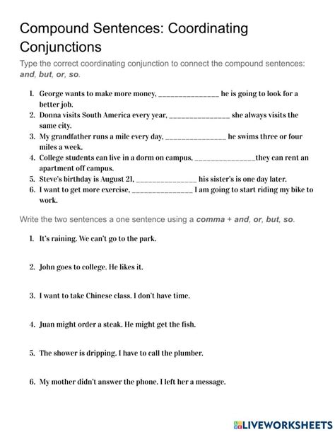 Compound Sentences Coordinating Conjunctions Online Exercise For