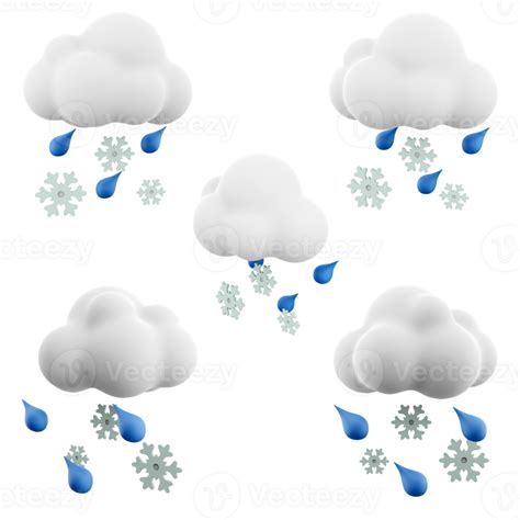 3d Rendering Snow With Rain Icon Set 3d Render White Cloud With Raindrops And Snowflakes