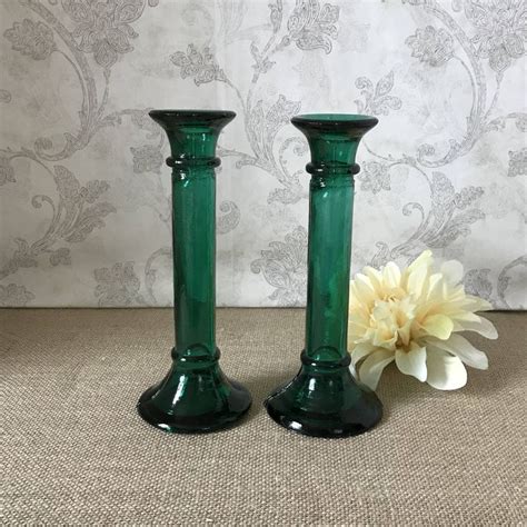 Pair Of Emerald Green Glass Candlestick Holders Green Glass Candle Holders Vintage Green Ca