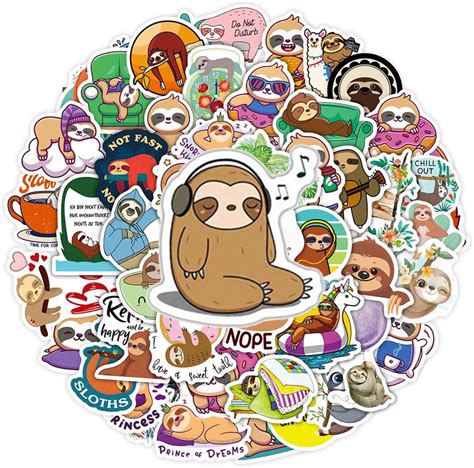 50 Pcs Cute Sloth Stickers Pack Vinyl Waterproof Decals For