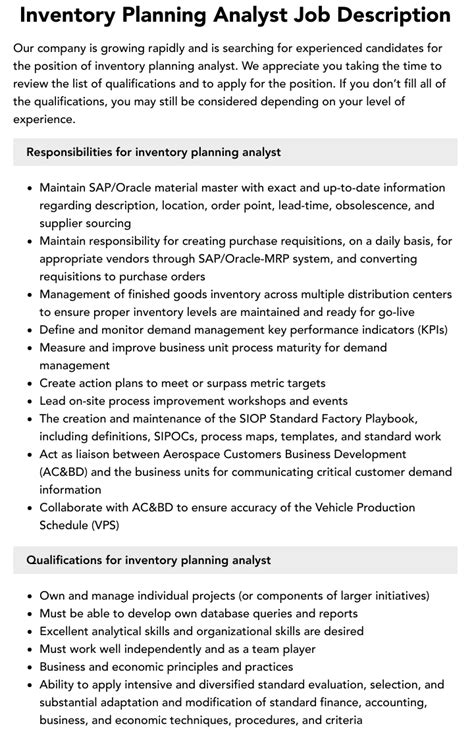 Inventory Planning Analyst Job Description Velvet Jobs