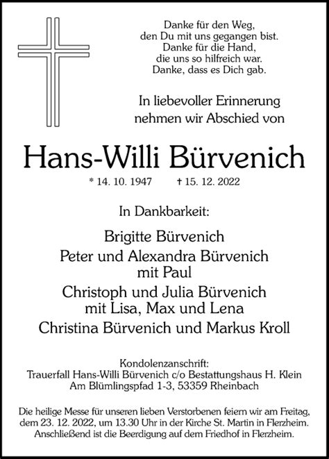 Traueranzeigen Von Hans Willi B Rvenich Wirtrauern