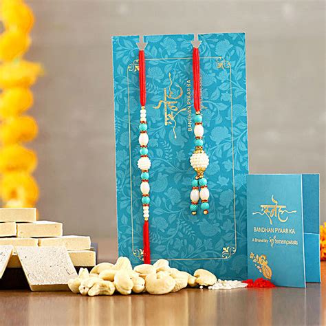 Blue Pearl Lumba Rakhi Set And Cashew With Kaju Katli Exp Usa Gift