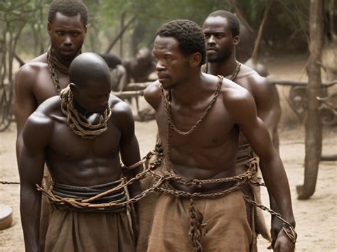 Five Half Naked African Slaves Tied With A Rope Descendant Un Escalier