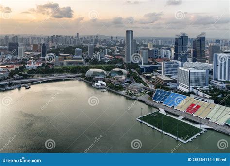 Unusual Aerial View Of Singapore At Sunset Marina Bay Area Stock Photo