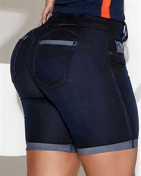 Contrast Paneled Pocket Design Denim Shorts Women Summer Spring Sexy Skinny Slim High Waist