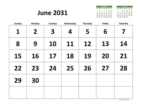June 2031 Calendar with Extra-large Dates | WikiDates.org