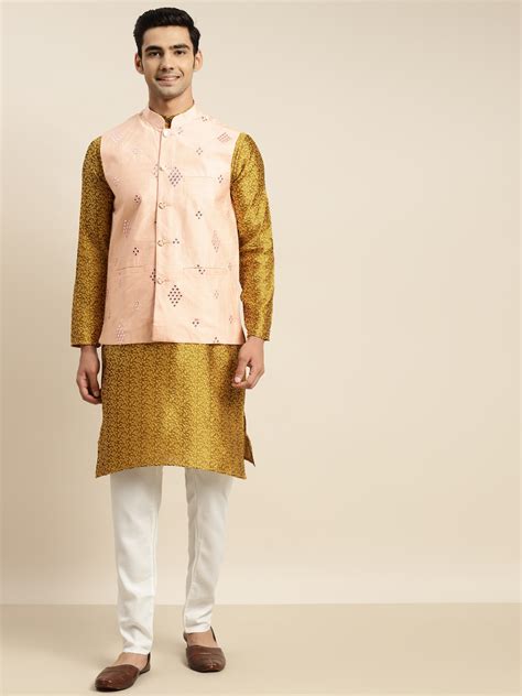 Buy SOJANYA Men Mustard Yellow Floral Kurta With Churidar Nehru