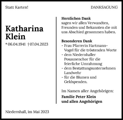 Traueranzeigen Von Katharina Klein Trauerundgedenken De