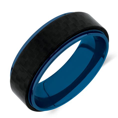 Mens Ring In Blue Tone Stainless Steel And Carbon Fibre