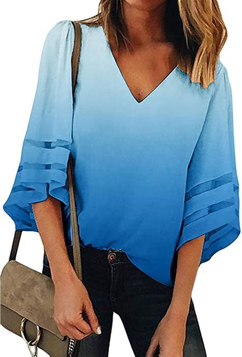 Summer Tops For Women Bell Sleeve Tops Casual V Neck Blouses Mesh