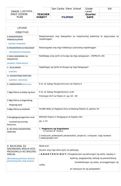 Filipino 6 Cot Filipino Semi Detailed Lesson Plan For Cot Grade 1 To 12 Daily Lesson Plan