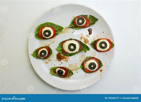 Halloween Eyeball Caprese Salad On A White Plate Stock Image Image Of