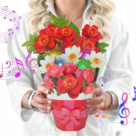 Wujun 3d Music Pop Up Birthday Cards With Lights Flower Bouquet 3d Pop Up Greeting Cards With