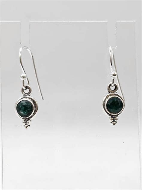 Sterling Silver Emerald Dainty Round Bezel Set Drop Earrings Alexas