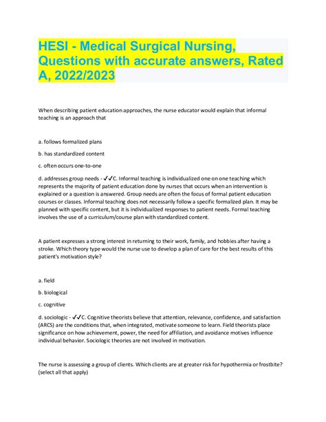 Hesi Medical Surgical Nursing Questions With Accurate Answers Rated