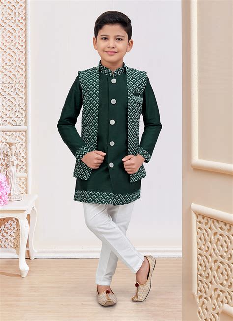 shop bottle green banarasi silk embroidered sequins boys indowestern