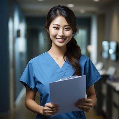 Foto sonriente doctora asiática enfermera sosteniendo portapapeles y