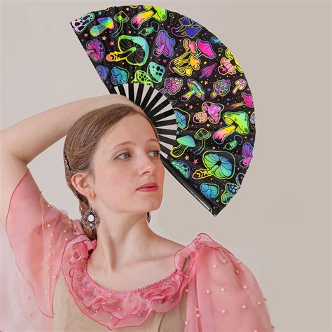 Uv Glow Hand Fans For Women Foldable Large Rave Fan Bamboo Folding