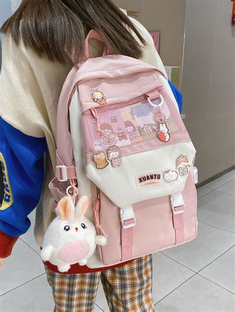 Colourblock Badge Decor Large Capacity Backpack With Cartoon Charm