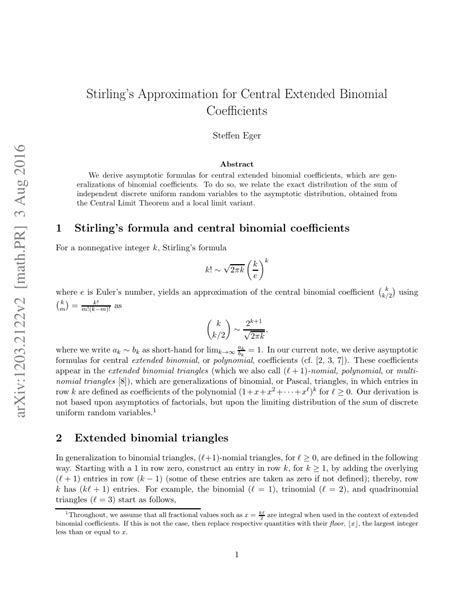 Pdf Stirlings Approximation For Central Extended Binomial Coefficients