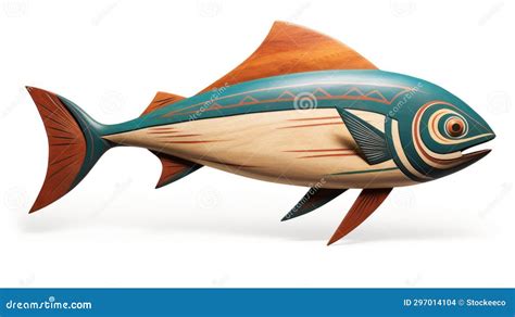 Colorful Wooden Fish Sculpture With Native American Design Stock