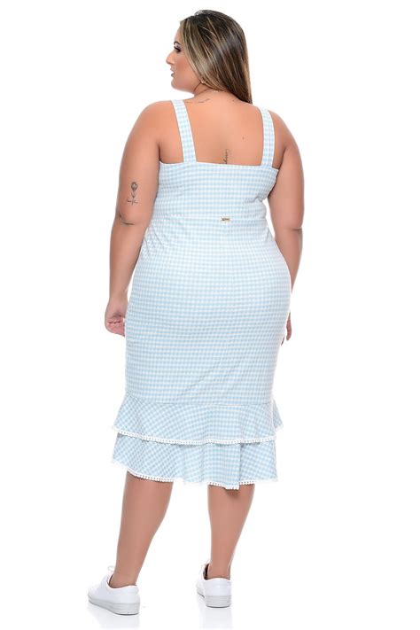 Vestido Plus Size Mullet Com Babados Azul Xadrez Vk Moda Plus Size