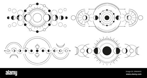 Moon phases magic geometry. Full moon crescent and gibbous icons ...