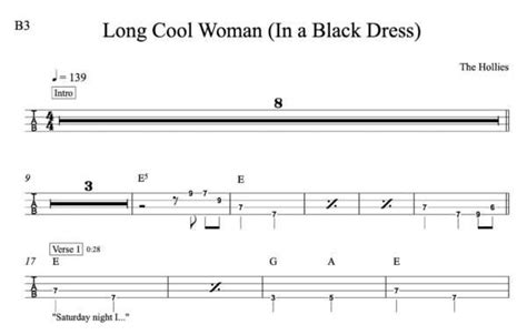 Long Cool Woman In A Black Dress Bass Guitar Music By The Measures