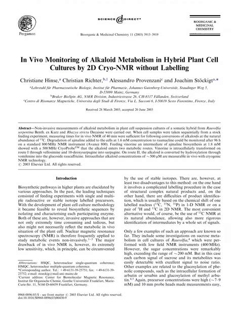 Pdf In Vivo Monitoring Of Alkaloid Metabolism In Hybrid Plant Cell