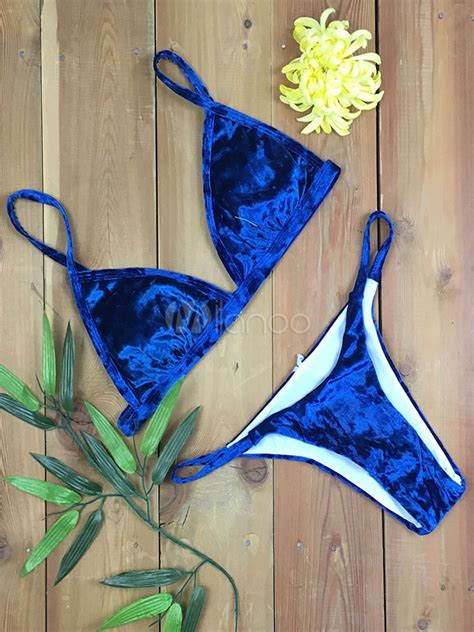 Piece Bikini Swimwear Blue Straps Sleeveless Velour Women Bathing Suits Milanoo