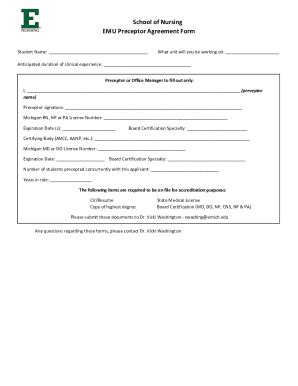 Fillable Online School Of Nursing EMU Preceptor Agreement Form Fax