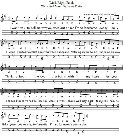 Walk Right Back Sheet Music For Mandolin And Banjo Tenor Banjo Tabs