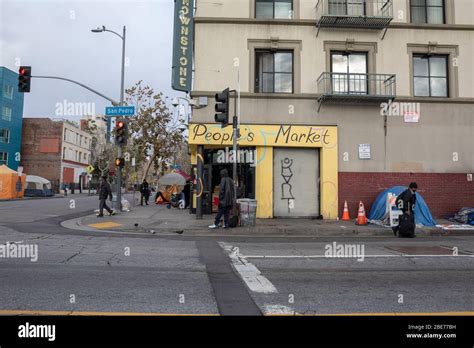 The corner of San Pedro street in Skid Row district of Downtown of Los Angeles, CA on March 20 ...