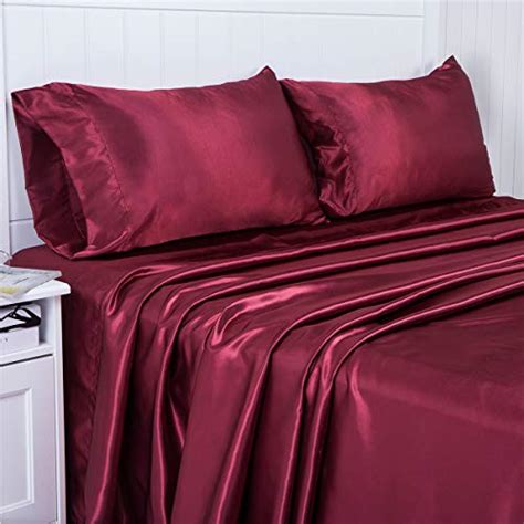 Vonty Satin Sheets King Size Silky Soft Satin Bed Sheets Burgundy Satin