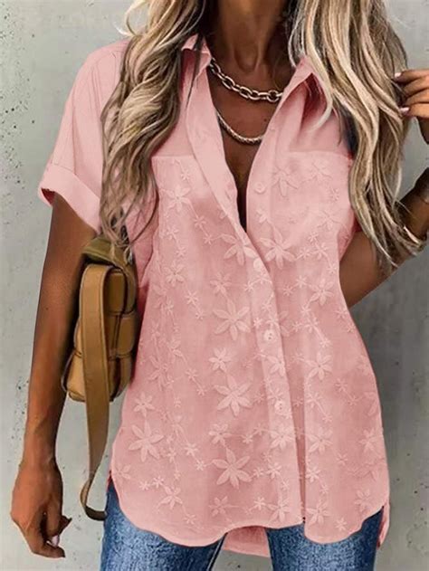 Womens Short Sleeve Shirt Summer Casual Lace Loose Blouse White Pink Royal Blue Khaki Anniecloth