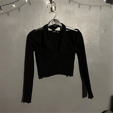 Black Ribbed Long Sleeve Crop Top With Cut Out Depop