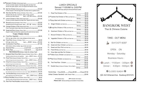 Menu At Bangkok West Restaurant Roseburg