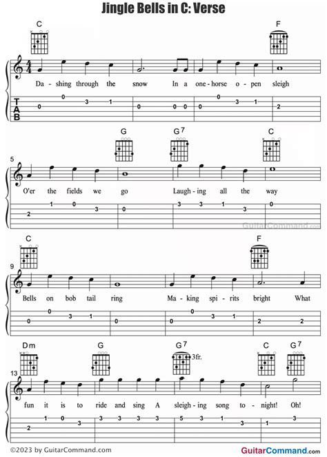 Jingle Bells Chords With Guitar Tab In C Verse Guitar Command