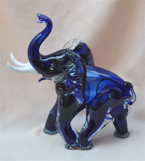 Very Large Art Glass Murano Blue White Tusks Elephant Statue Sculpture 13 It Measures 13 1 2