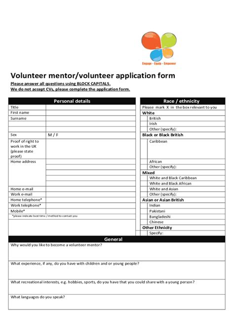 Fillable Online Volunteer Mentor Volunteer Application Form Bedford