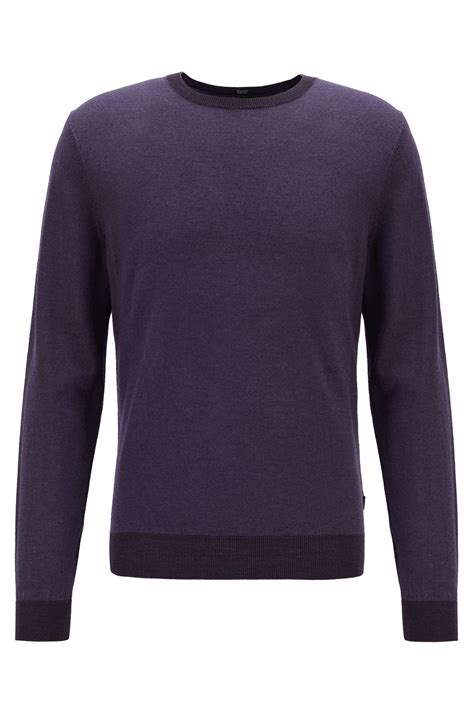 Boss Regular Fit Melange Sweater In Virgin Wool And Silk In Dark Purple